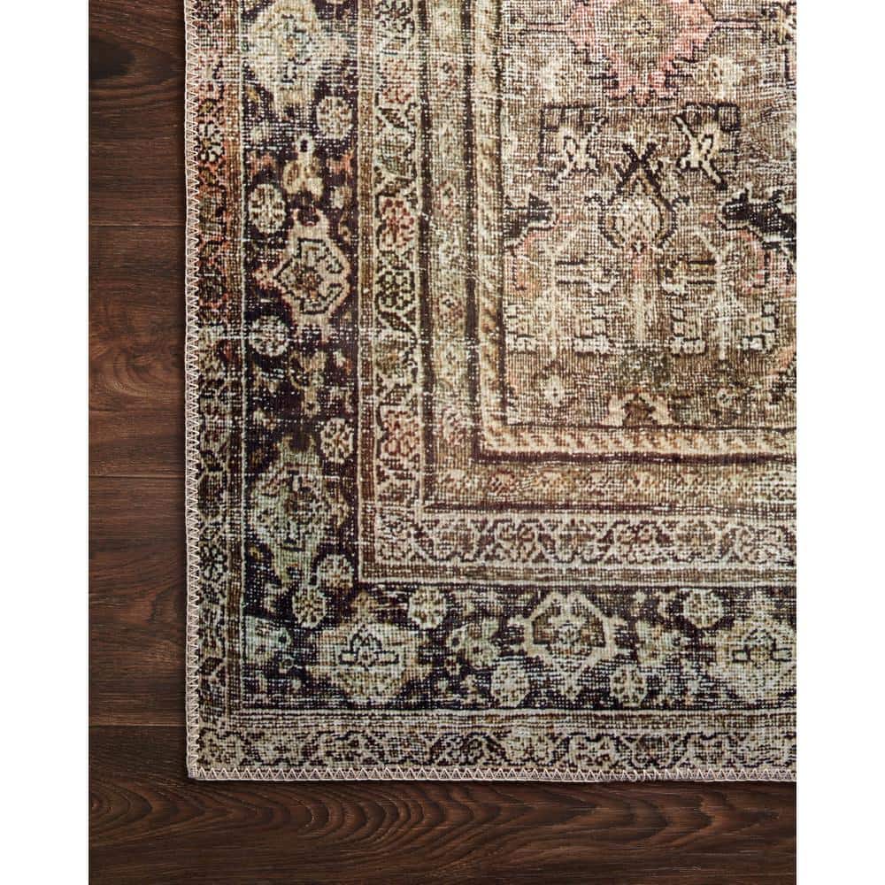 Layla Olive and Charcoal Distressed Oriental Synthetic Rug Sample Swatch