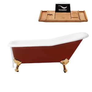 66 in. Cast Iron Clawfoot Non-Whirlpool Bathtub in Glossy Red with Glossy White Drain and Polished Gold Clawfeet