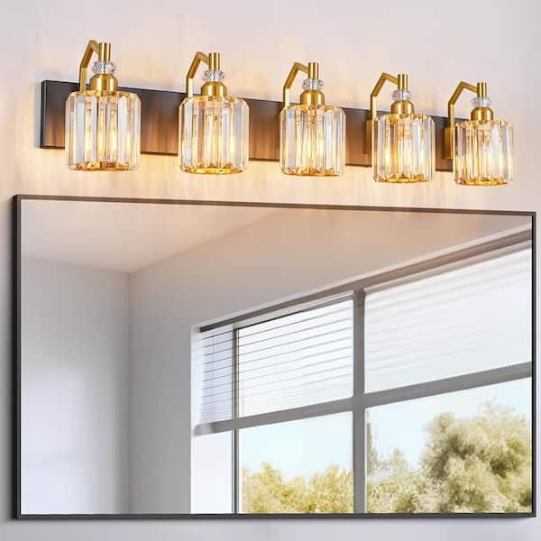 Home Lighting 36.22 in. 5-Light Black Gold Round Modern Crystal Vanity Lights Wall Sconces for Bathroom