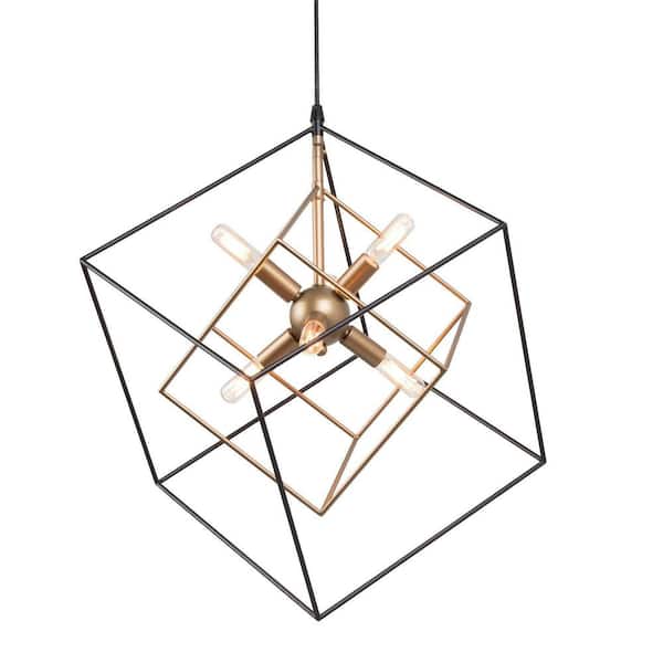 LNC Black Sputnik Candlestick Island Chandelier, Linear Square Modern Industrial 6-Light Gold Nested Cage Pendant Light