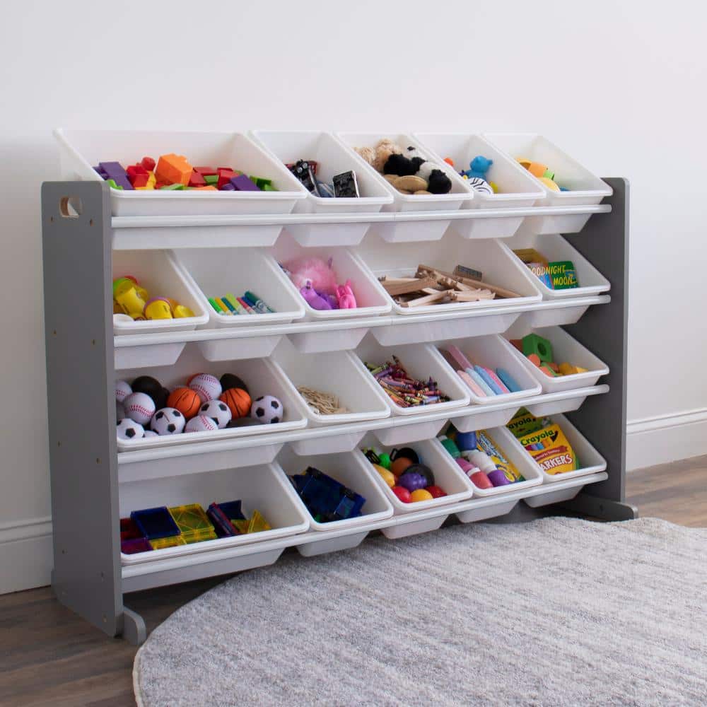 Extra Large Gray and White Engineered Wood Storage Organizer with 20 Bins