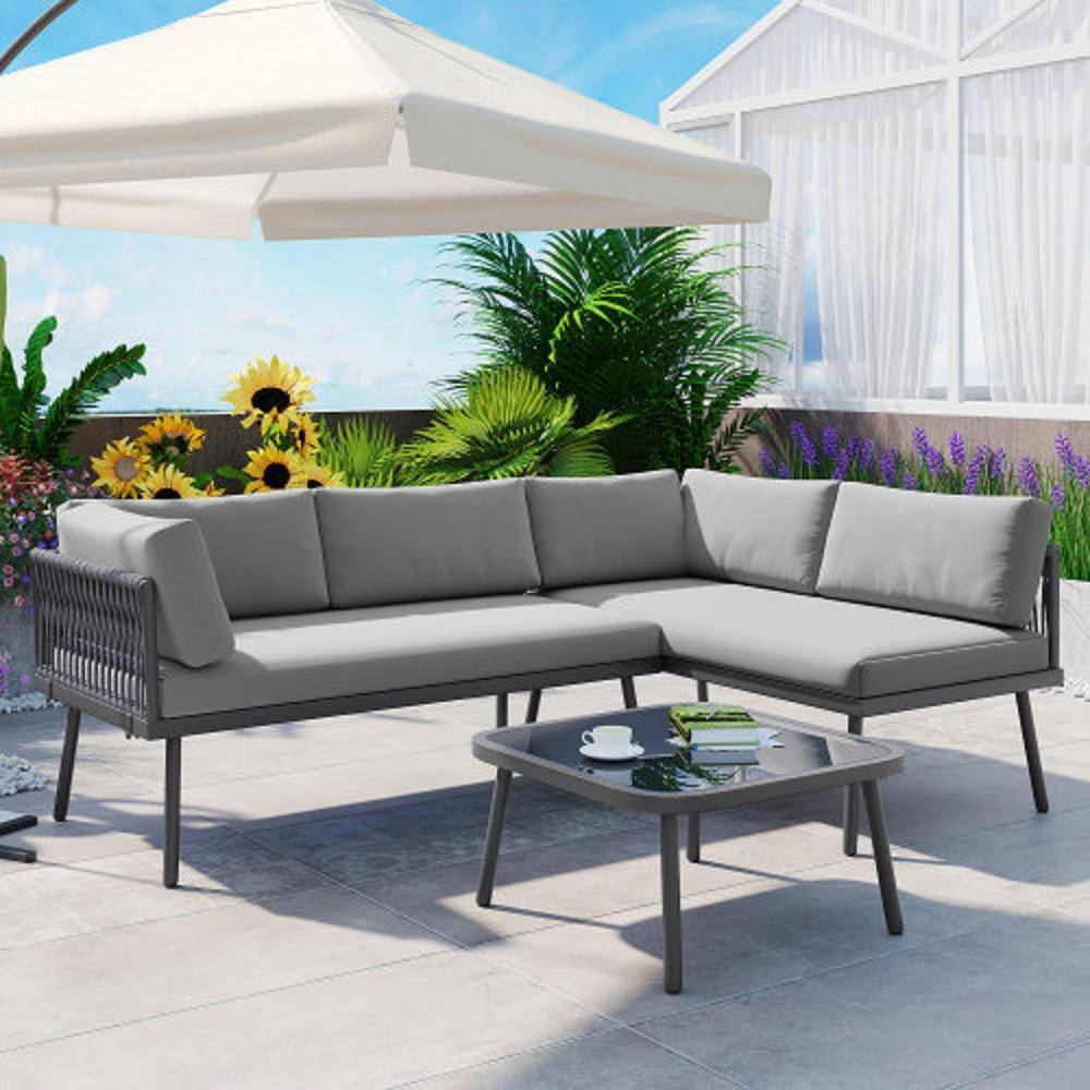Rattan Gray Metal Frame 3-Piece L-Shape Outdoor Sofa Patio Sectional Furnit