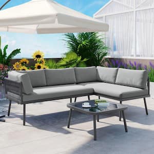 Rattan Gray Metal Frame 3-Piece L-Shape Outdoor Sofa Patio Sectional Furniture Set with Cushion and Glass Table