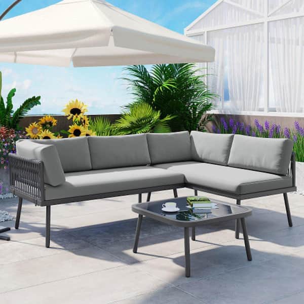 Unbranded Rattan Gray Metal Frame 3-Piece L-Shape Outdoor Sofa Patio Sectional Furniture Set with Cushion and Glass Table