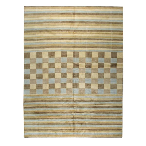 Contemporary Brown Hand-Knotted Wool Area Rug with Stripes and Squares Pattern, Area Rug