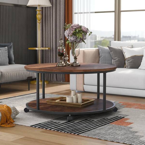 Qualfurn 35 5 In Distressed Brown Round Metal Coffee Table With Caster Wheels And Wood Textured Surface Ctm196233p The Home Depot Caster Wheels And Wood Textured Surface, Round Wood Coffee Table On Wheels