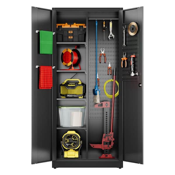 34 in. W x 71 in. H x 17 in. D Black Metal Storage Freestanding Cabinet,Cleaning/Combination Cabinet with Pegboard, Hook