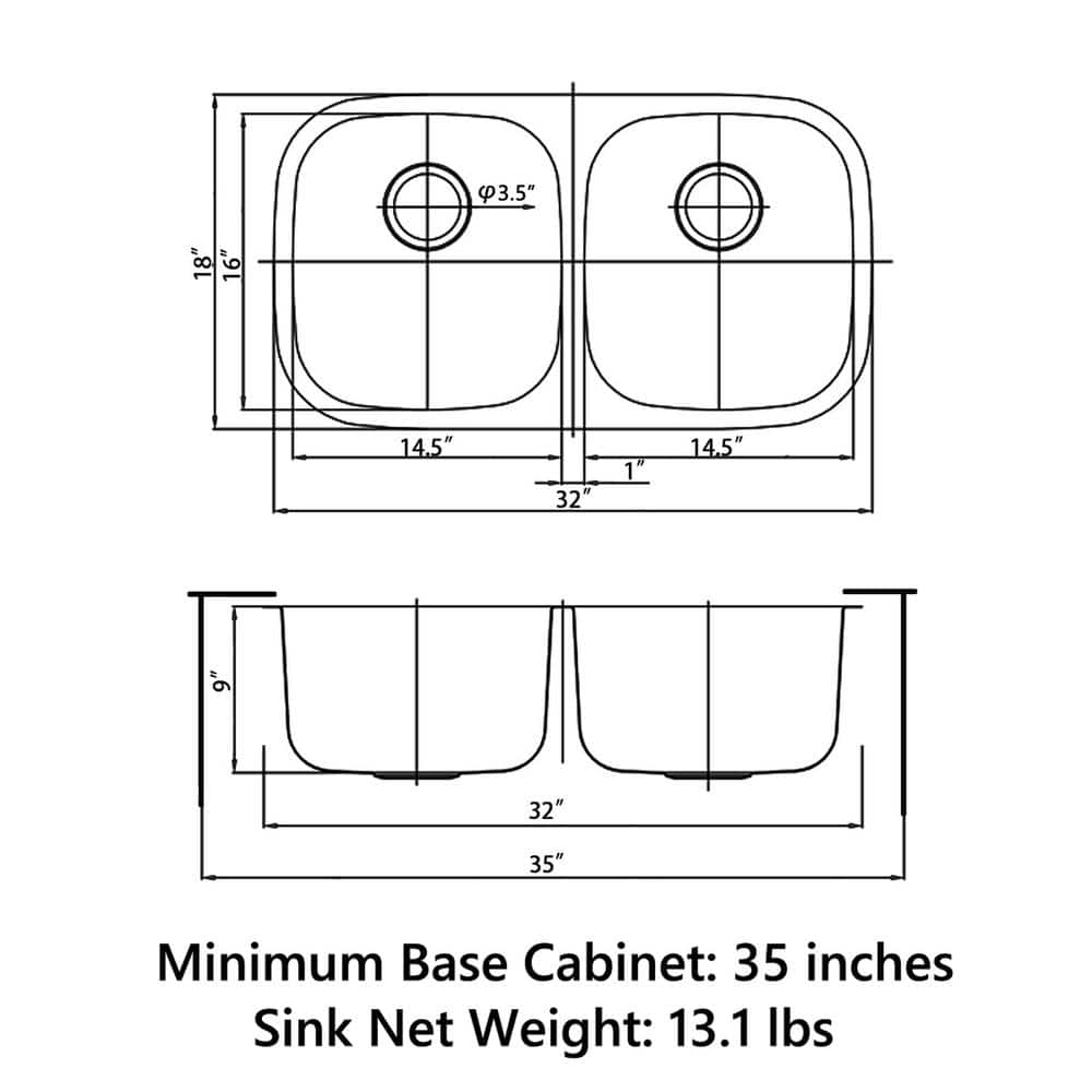 Sinber 32" Stainless Steel Double Bowl Drop-In Kitchen Sink