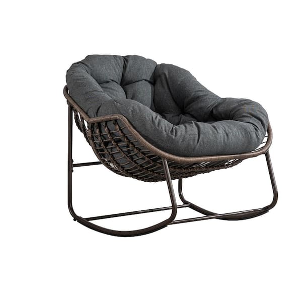 Unbranded Brown Wicker Outdoor Rocking Chair with Gray Cushion