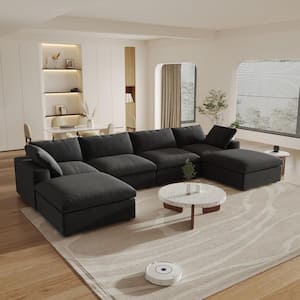 157 in. Square Arm 6-Piece Linen U-shaped Sectional Sofa Cloud Couch in Black with Storage Ottomans