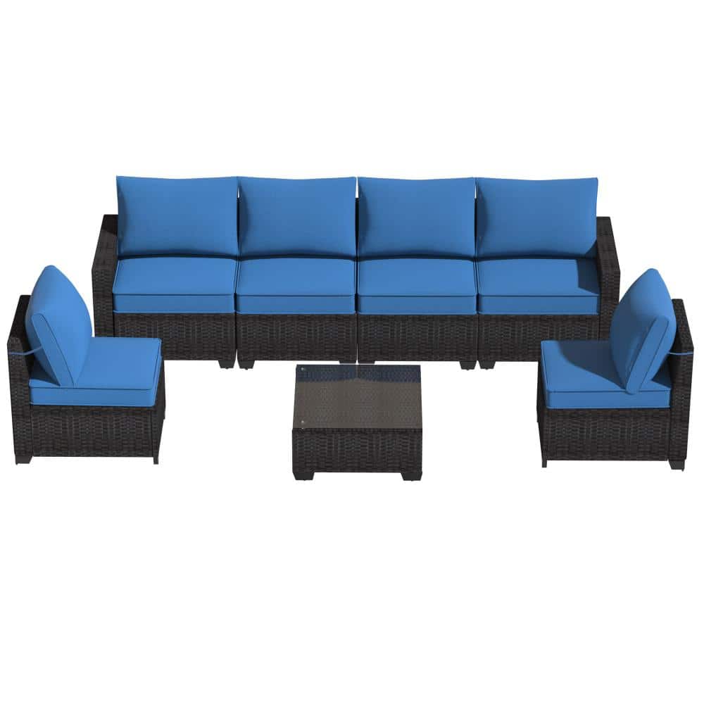 7-Piece Wicker Sectional Set, Dark Brown Wicker Patio Furniture with Peacock Blue Waterproof Cushions & Coffee Table price history on PriceWatchPro