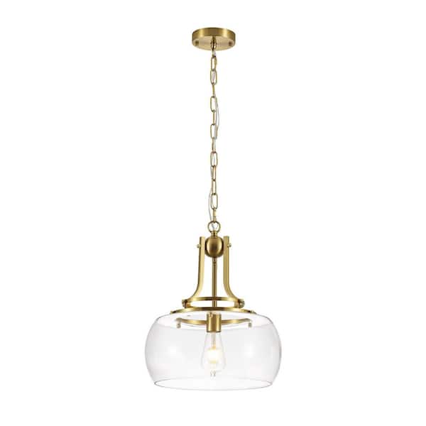 Lumeo 14 in. 1-Light Modern Farmhouse Brass Pendant with Clear Glass Shade