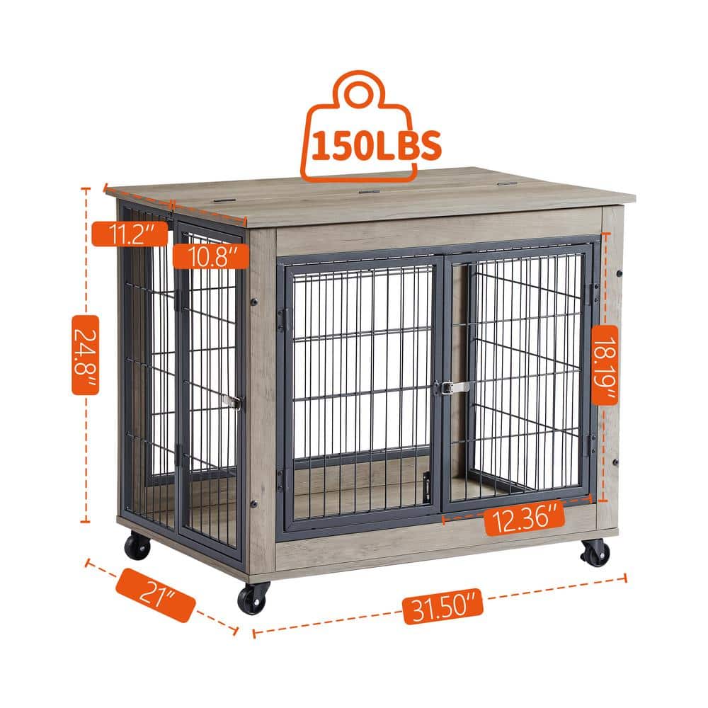Gray Rolling Wooden Dog Crate Side Table with Double Doors