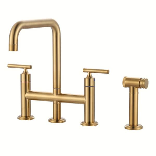 Deck Mount Double Handle Brass Bridge Kitchen Faucet with Pull-Out Side Sprayer in Brushed Gold