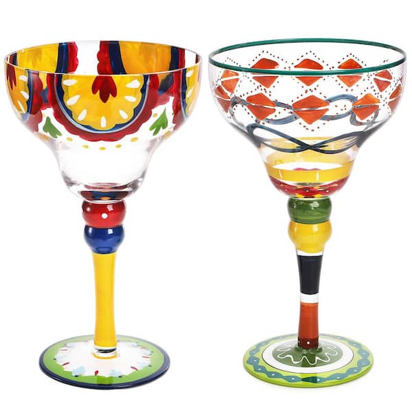 10 oz. Modern Mexican Hand Blown Hand-painted Lead-free Margarita Glass, Coupe Stemware (Set of 2)