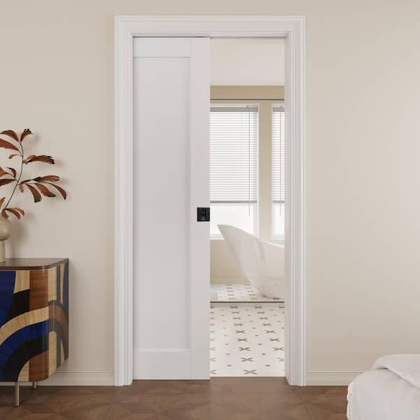 36 in. x 80 in. White Blank Primed Door Slab Wood Pocket Door Frame and Hardware (Soft Close and Black Lock Included)