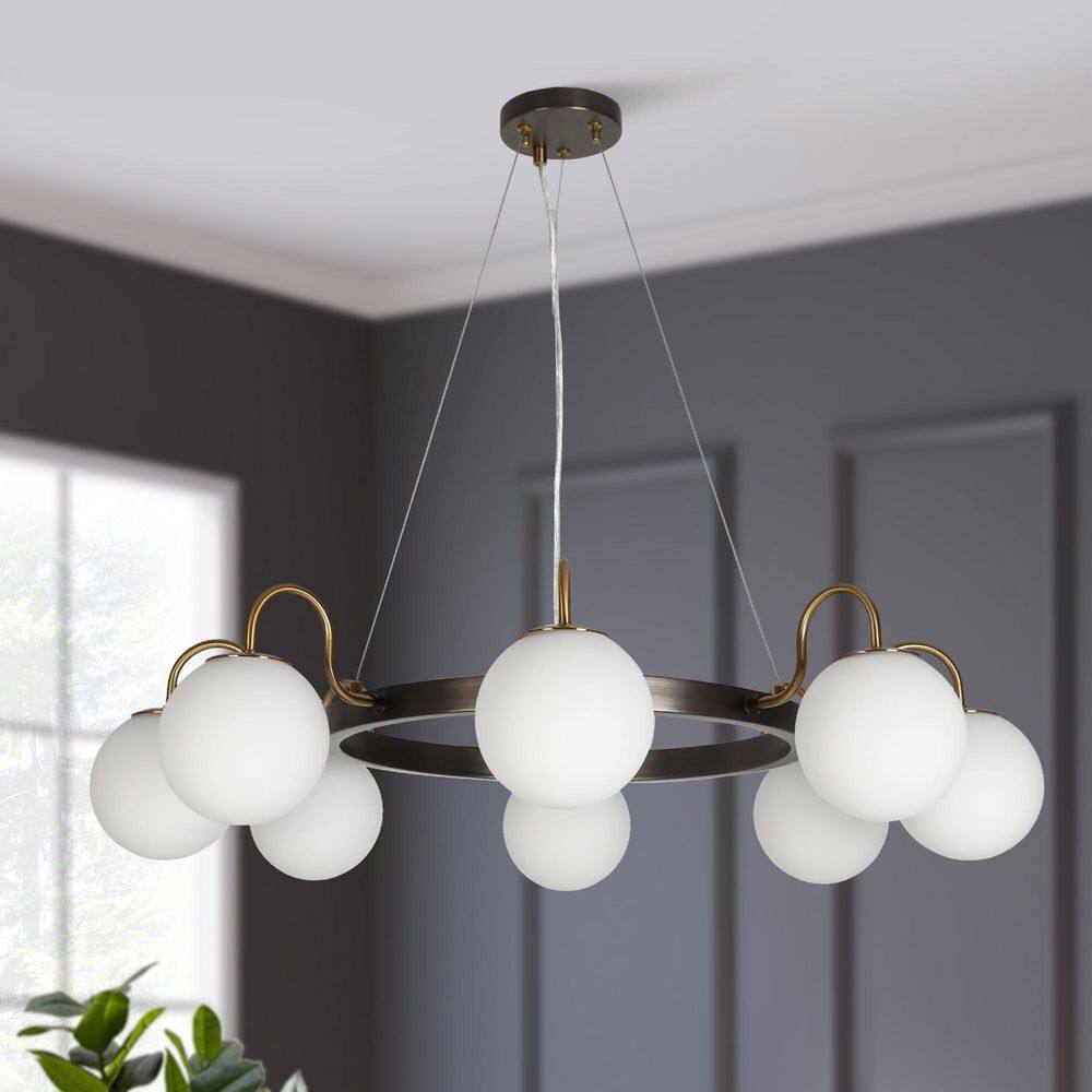 Alada 34.2 in. 8-Light Modern Gunmetal Gray Wagon Wheel Chandelier Brass Circle Pendant Light with White Glass Globes price history on PriceWatchPro