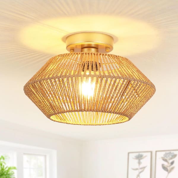 ADSENSTY 12.6 in. 1-Light Gold and Brown Bohemian Rattan Semi Flush Mount Ceiling Light for Dining Room