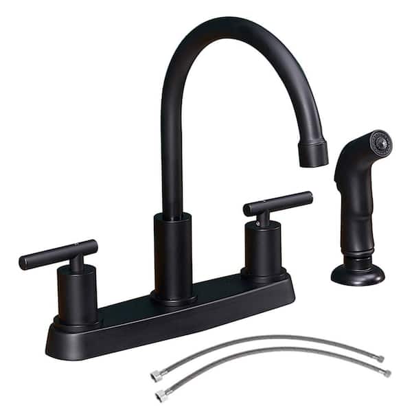 2-Handles Deck Mount 8 in. Centerset Standard Kitchen Faucet with Side Sprayer 3-Hole or 4-Hole in Matte Black