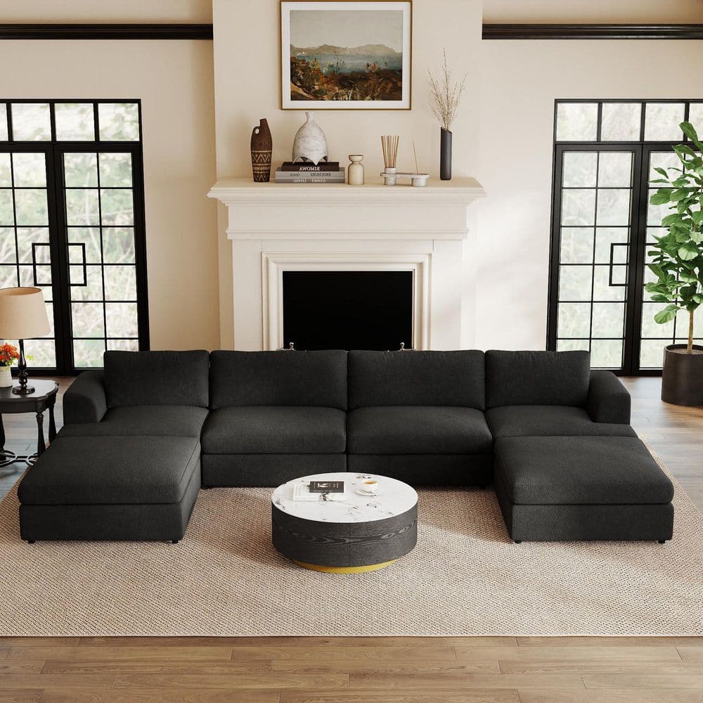 157.4 in. Oversized Square Arm Boucle Fabric U Shape Free Combination Sofa with Ottomans for Living Room Black