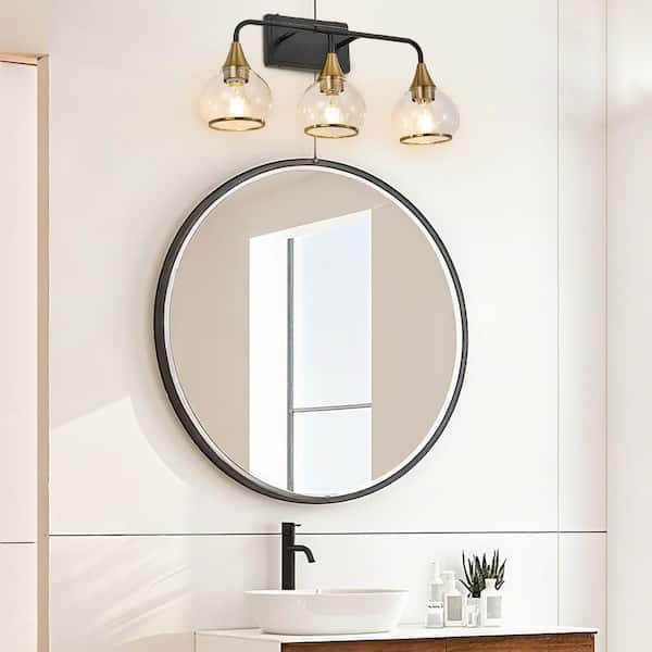 22.6 in. 3-Light Black and Gold Bathroom Wall Mounted Vanity Light Over Mirror with Clear Glass Shade