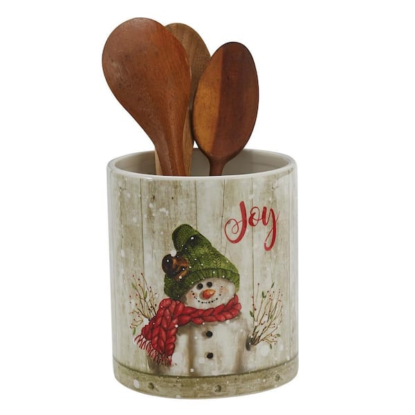 Farmhouse Snowman Red Stone Utensil Holder