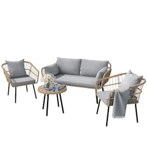 Brown 4-piece Wicker Patio Conversation Sectional Seating Set with Round Side Coffee Table Gray Cushions for Garden