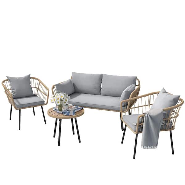DEXTRUS Brown 4-piece Wicker Patio Conversation Sectional Seating Set with Round Side Coffee Table Gray Cushions for Garden