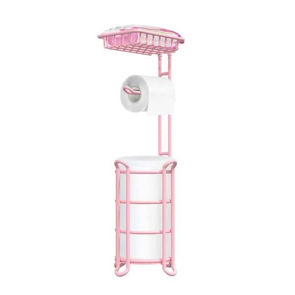 Freestanding Pink Toilet Paper Holder Stand for Bathroom Storage Holds with a top Shelf for phone or baby wipes