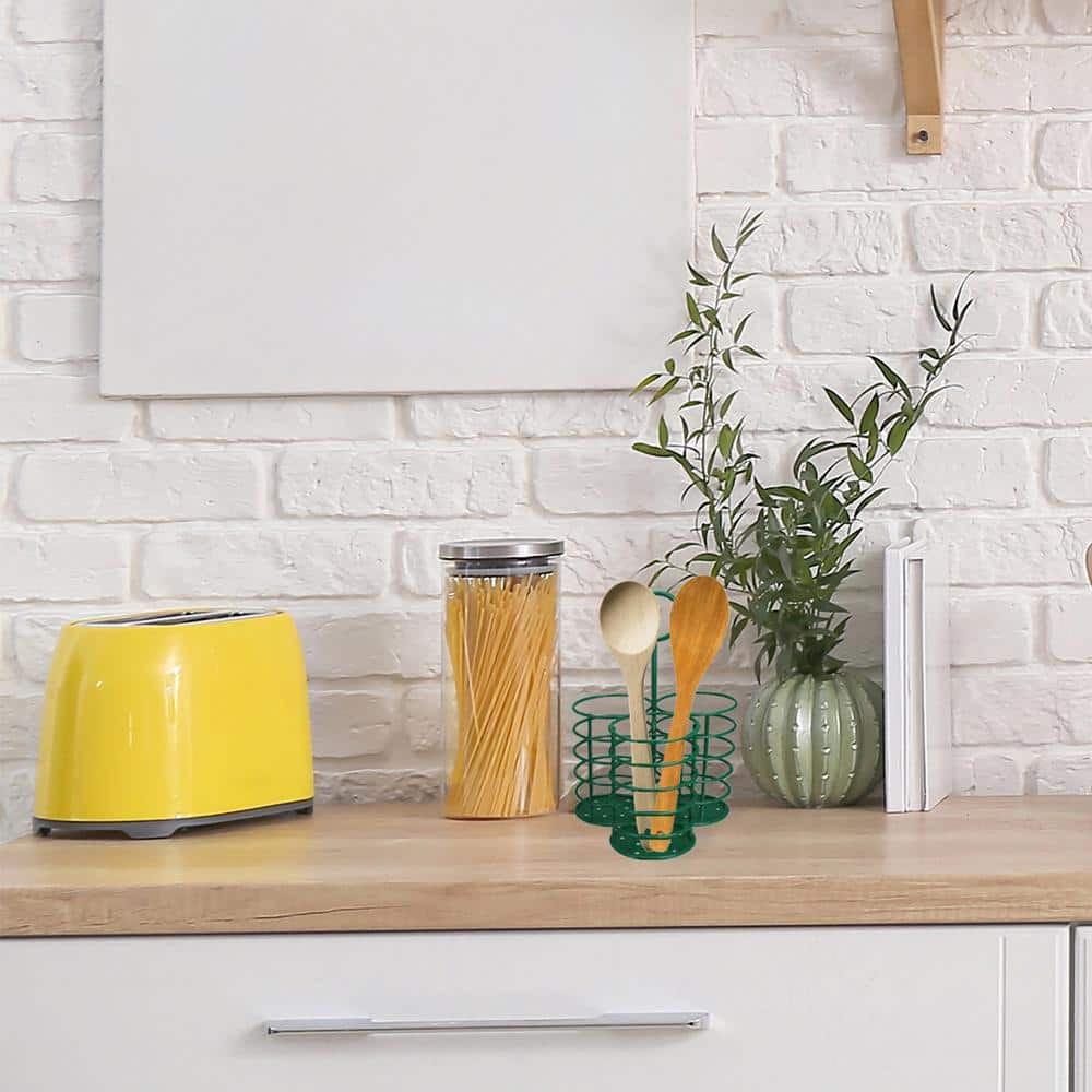 Green Metal 3-Slot Utensil Holder with Handle