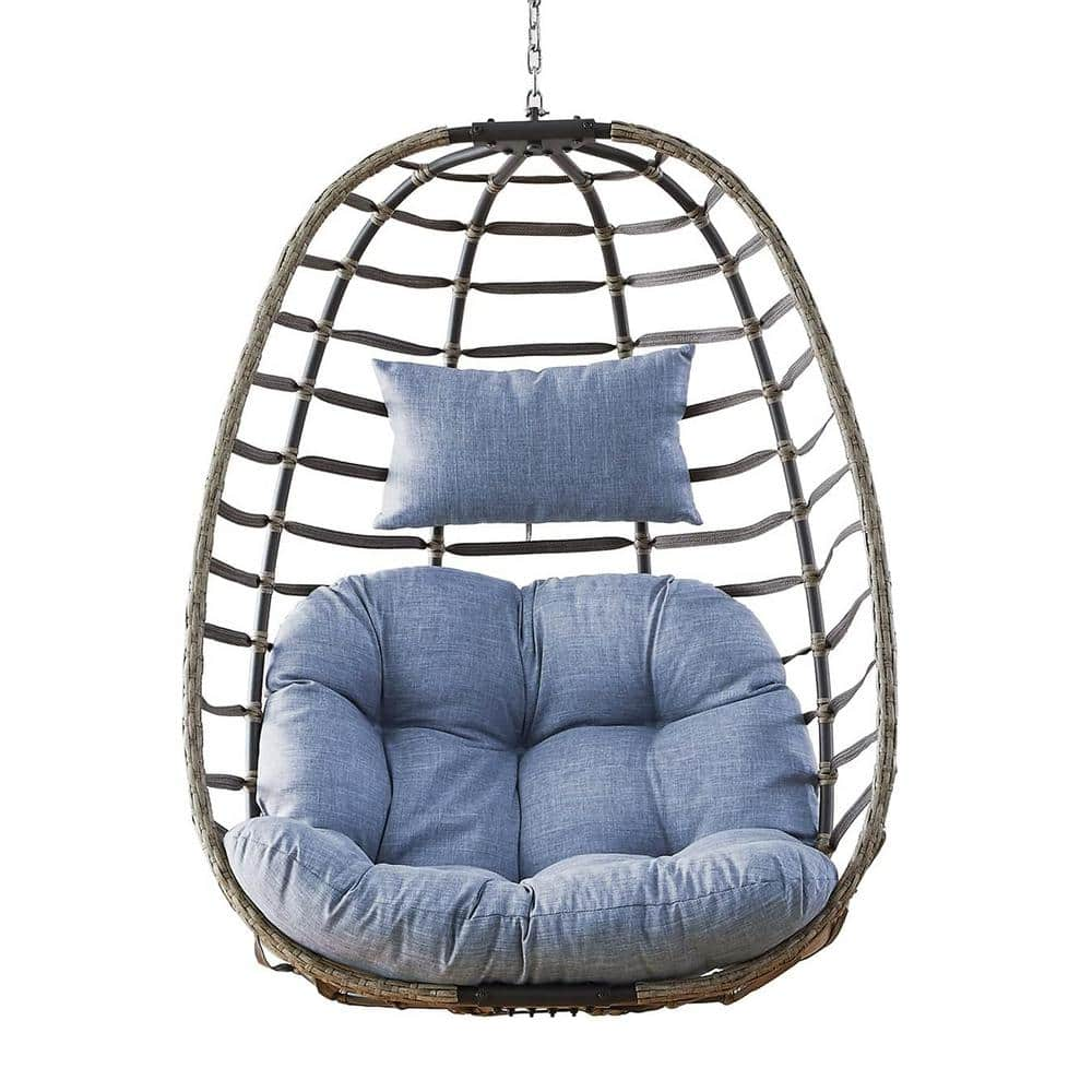 Pocassy Gray Wicker Patio Swing Hanging Egg Chair with Blue Cushion ...