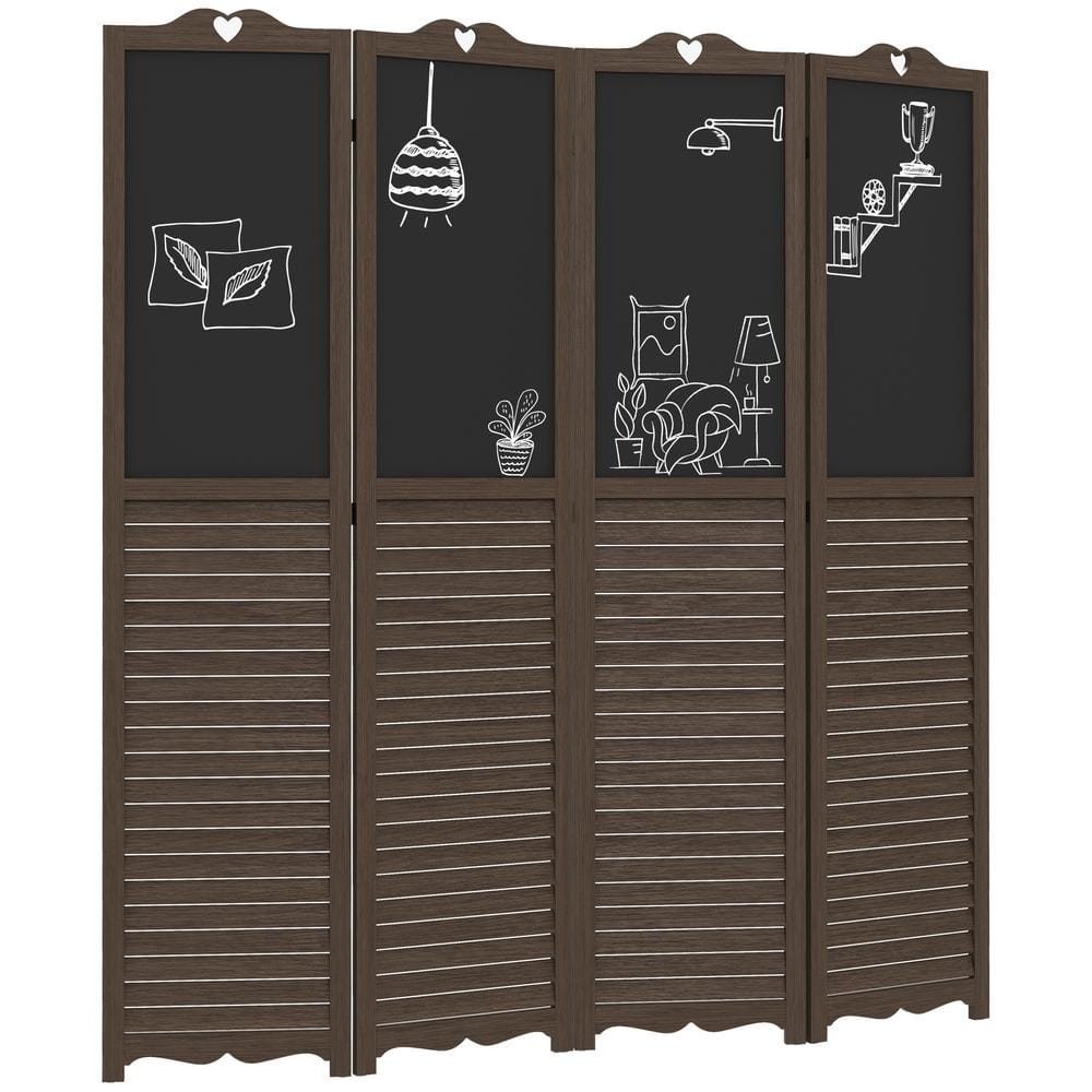 5.5 ft Walnut Brown Folding Freestanding Privacy Screen Panels with Blackbo