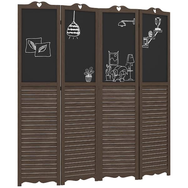 5.5 ft Walnut Brown Folding Freestanding Privacy Screen Panels with Blackboard, 4-Panel Room Divider for Bedroom