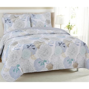 Dahlia Flower Garden Blooms 3-Piece Grey Aqua Blue Taupe Floral Cotton King Quilt Bedding Set