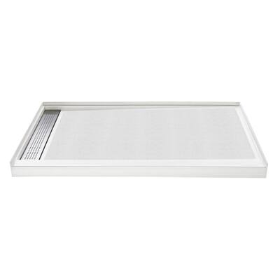 60 in. L x 36 in. W Alcove Cultured Marble Shower Pan Base with Left Drain in White and Stainless Steel Trench Grate