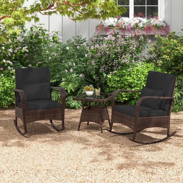 Clihome 3-Piece Wicker Outdoor Patio Conversation Rocking Set with Tempered Glass Coffee Table and Black Cushions