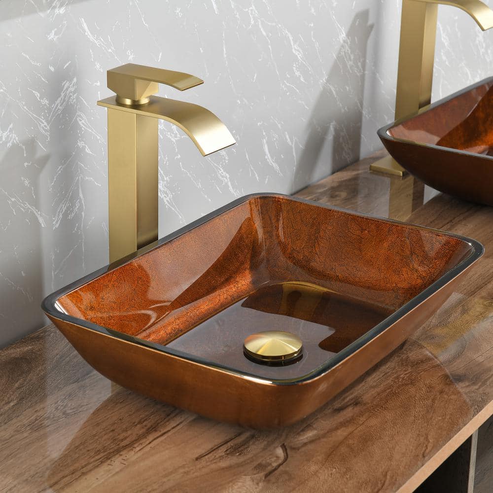 tunuo Amber Tones Glass Rectangular Bathroom Vessel Sink with Gold ...