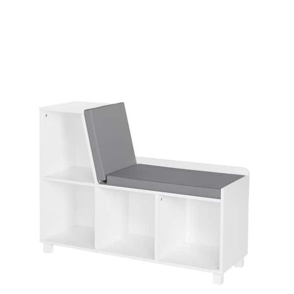 35 in. Wide White Painted Kids Reading Nook Cushioned Toy Storage Bench with Cubby Organizers and 2-Optional Fabric Bins