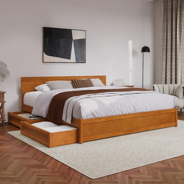 AFI Wesley Light Toffee Natural Bronze Solid Wood Frame King Platform Bed with Panel Footboard and Storage Drawers