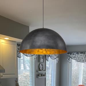 PCover 15 in.W 1-Light Rough Textured Black Farmhouse Dome Kitchen Island Pendant Light with Antique Gold Leaf Interior
