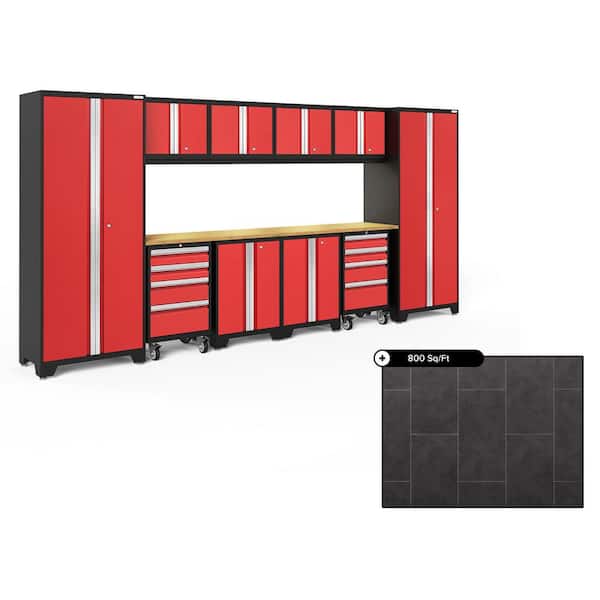NewAge Products Bold Series 156 in. W x 76.75 in. H x 18 in. D Steel Cabinet Set in Red ( 12- Piece ) with 800 sqft Flooring Bundle
