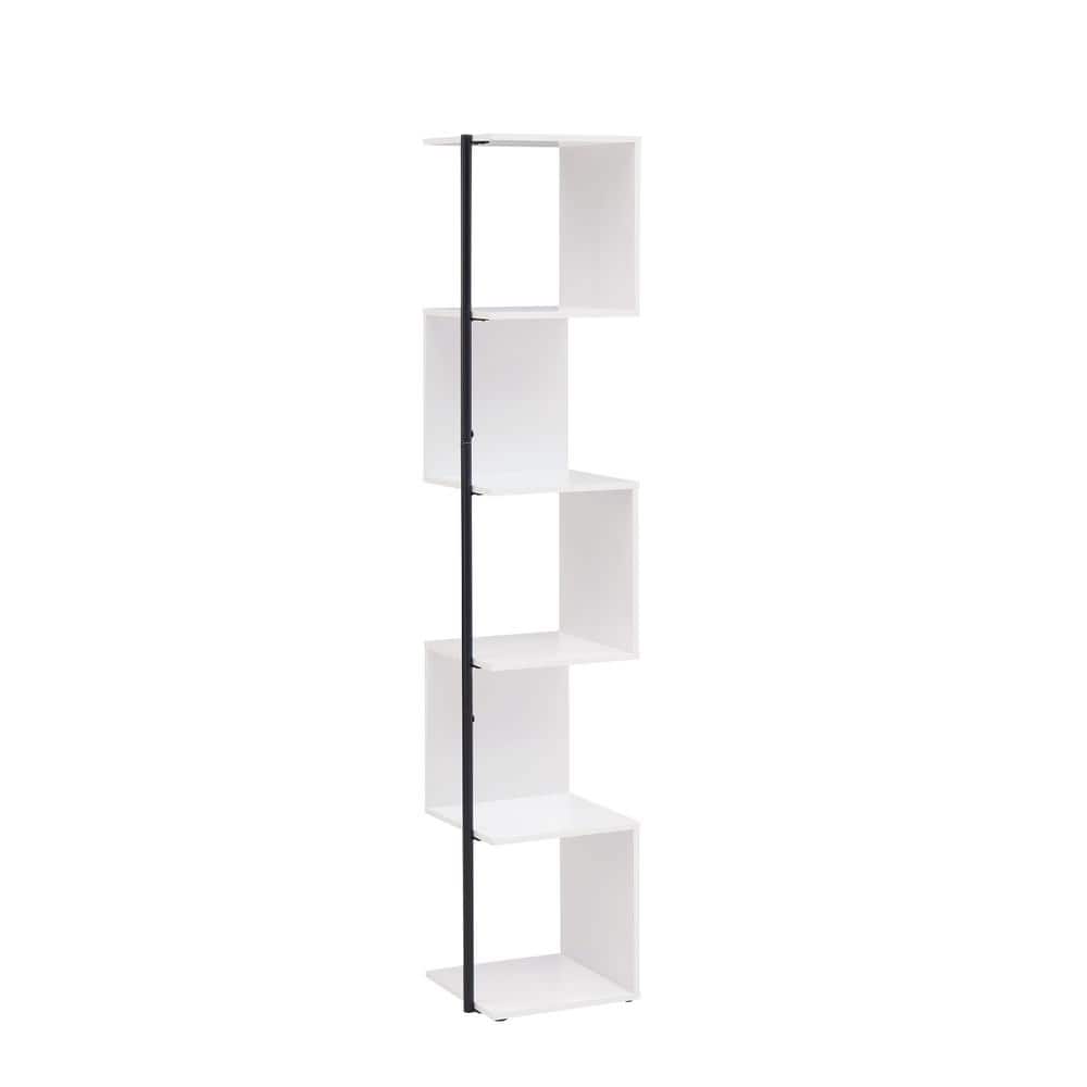 White Wood 5-Tier Corner Bookcase with Metal Support
