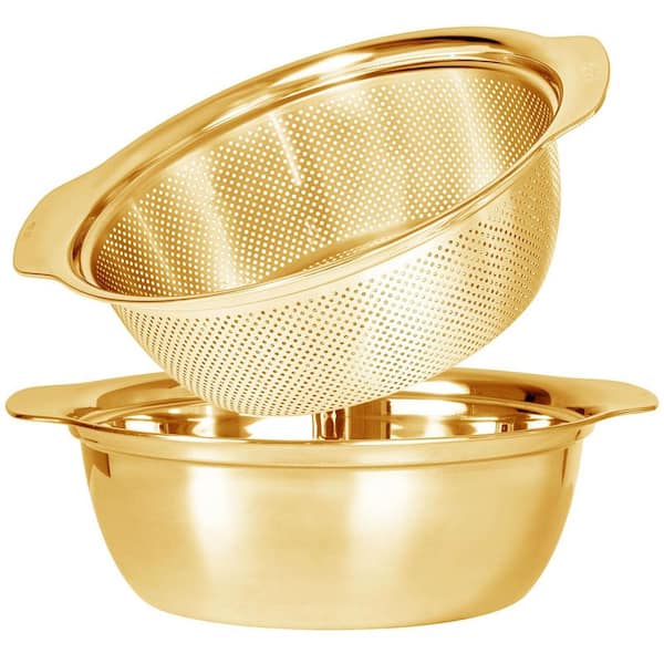 Stainless Steel Microporous Colander with Handle, Rice Washers Microporous Strainer for Washing Vegetables, Fruits, Gold