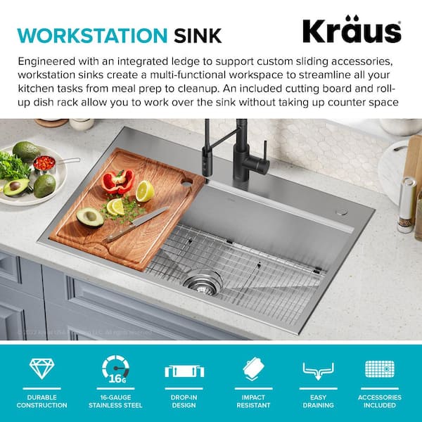 KRAUS Kore 33 in. Drop-In Workstation 16 Gauge Stainless Steel 