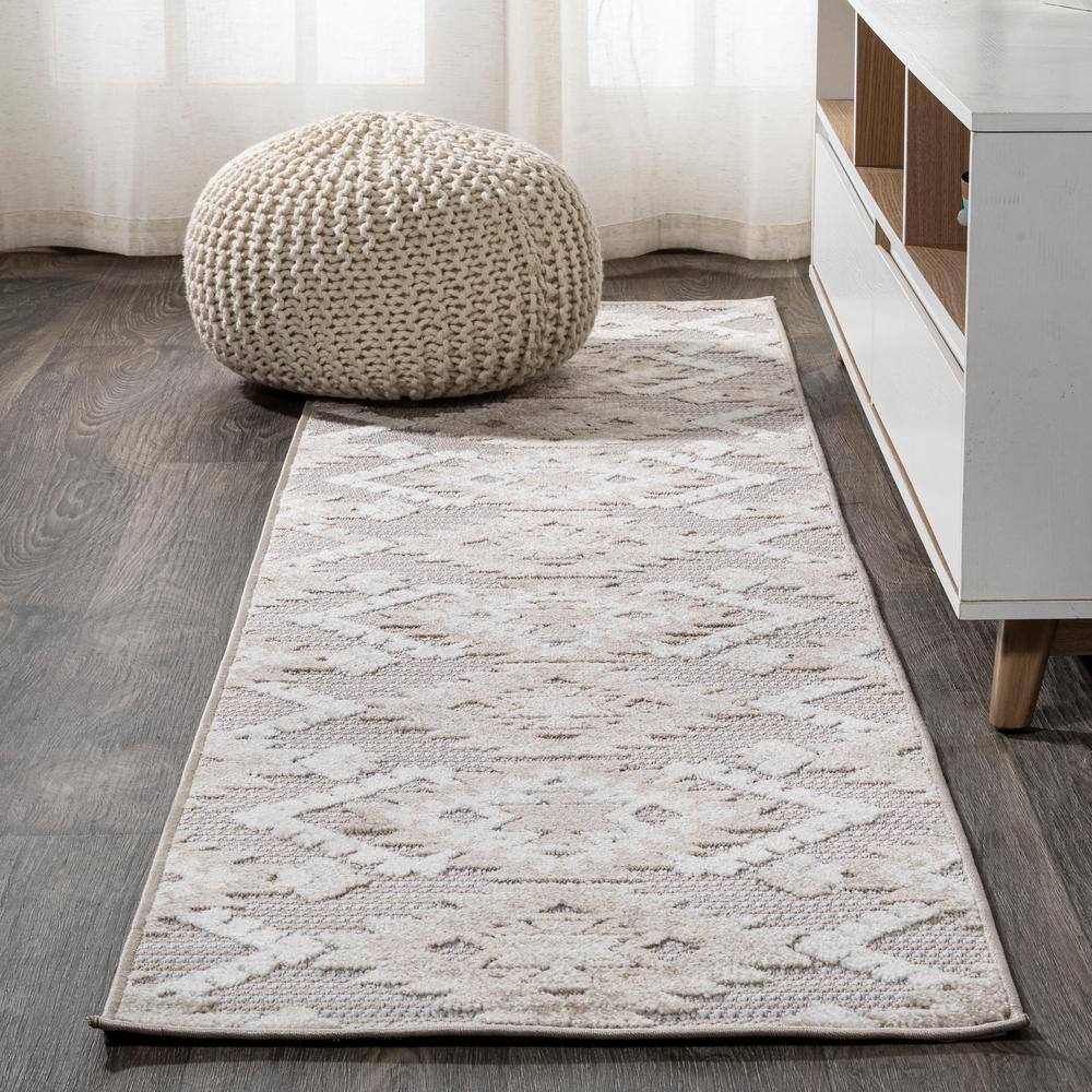 Sumak High-Low Pile Beige/Gray Geometric Indoor/Outdoor Runner Rug