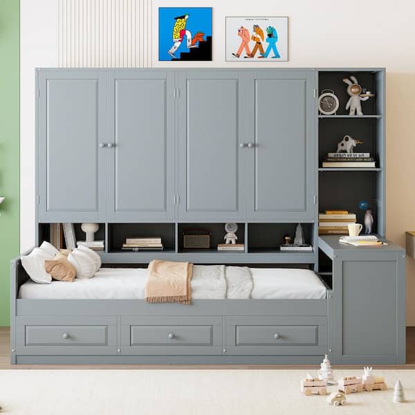 Gray Stylish Modern Wood Twin Daybed with Built-In Cabinet, 3 Drawers, Desk-Versatile Design with 2 Assembly Options