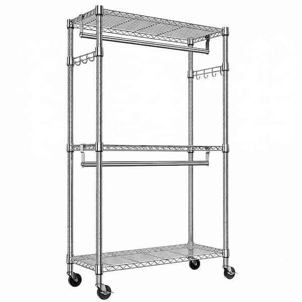 3-Tier Heavy Duty Rolling Garment Rack, Adjustable Wire Clothing Rack with 2 Hanging Rods, Side Hooks & Wheels, Chrome