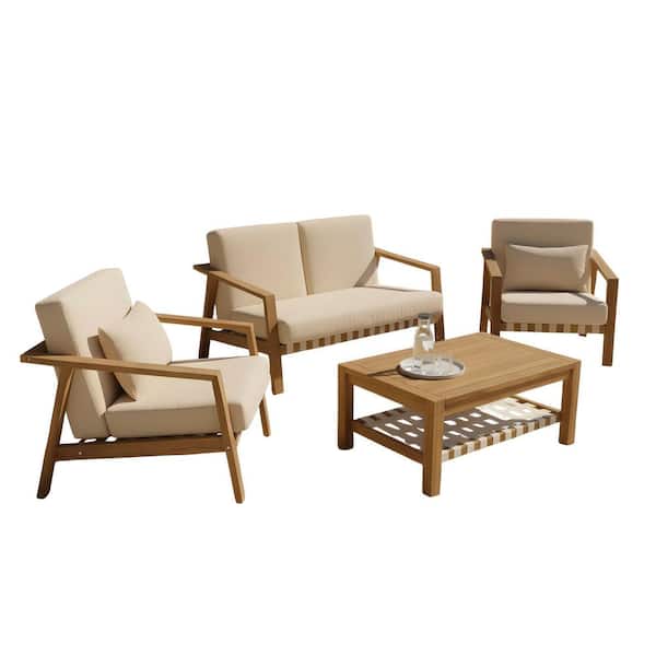 Kinger Home Luna 4-Piece Deep Seating Teak Wood Outdoor Patio Conversation Set with Beige Cushions