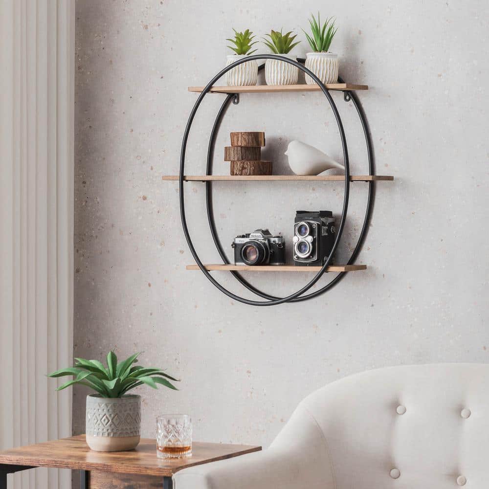 Oval 5.5 in. x 23.75 in. x 24 in. Brown Wood and Iron Floating 3-Tier Decor