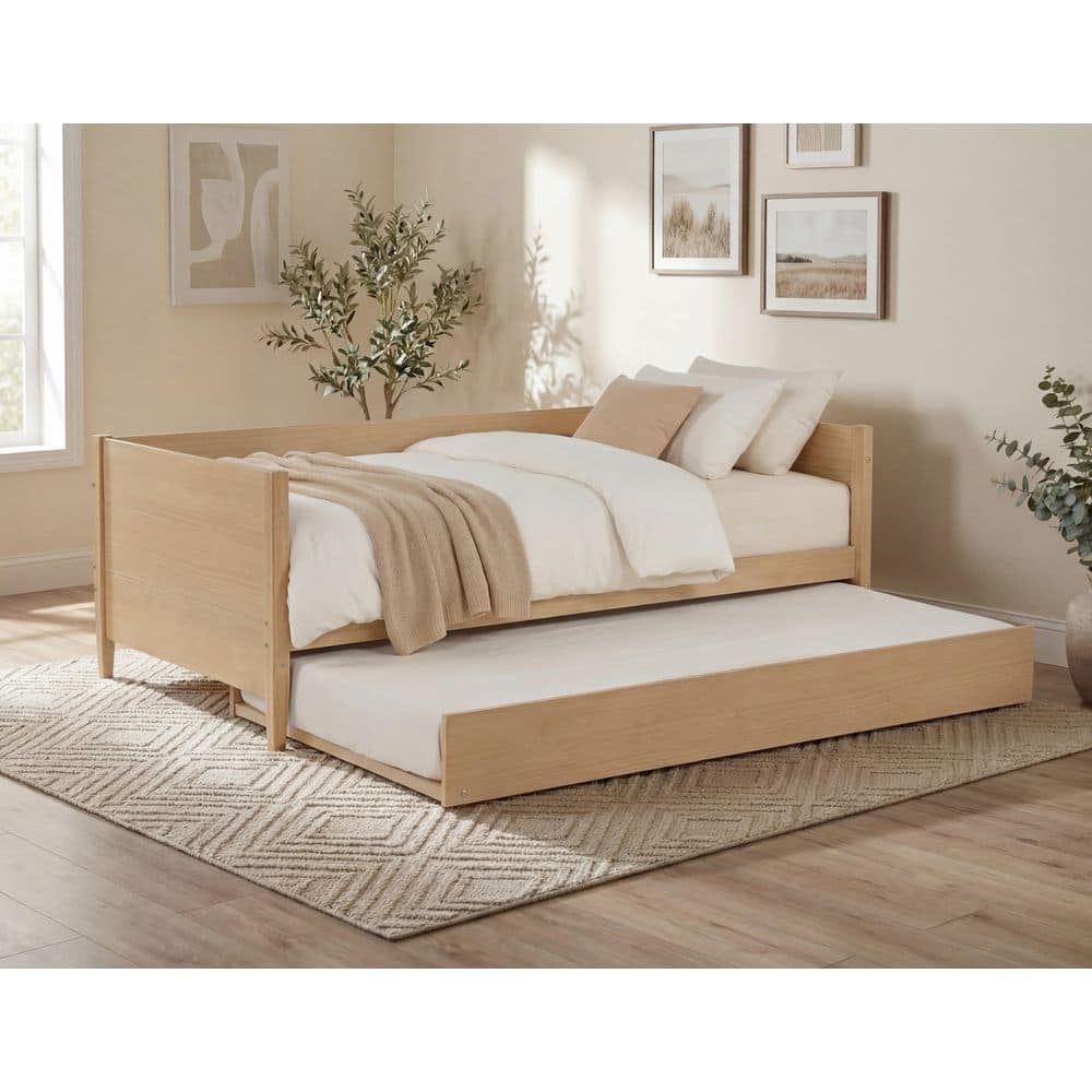 Mid Century Modern Light Oak Twin Daybed with Trundle